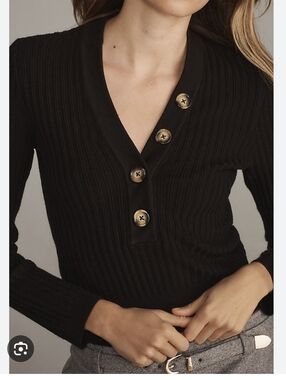 Anthropologie Pilcro Black Ribbed V-Neck Button Pullover Sweater
